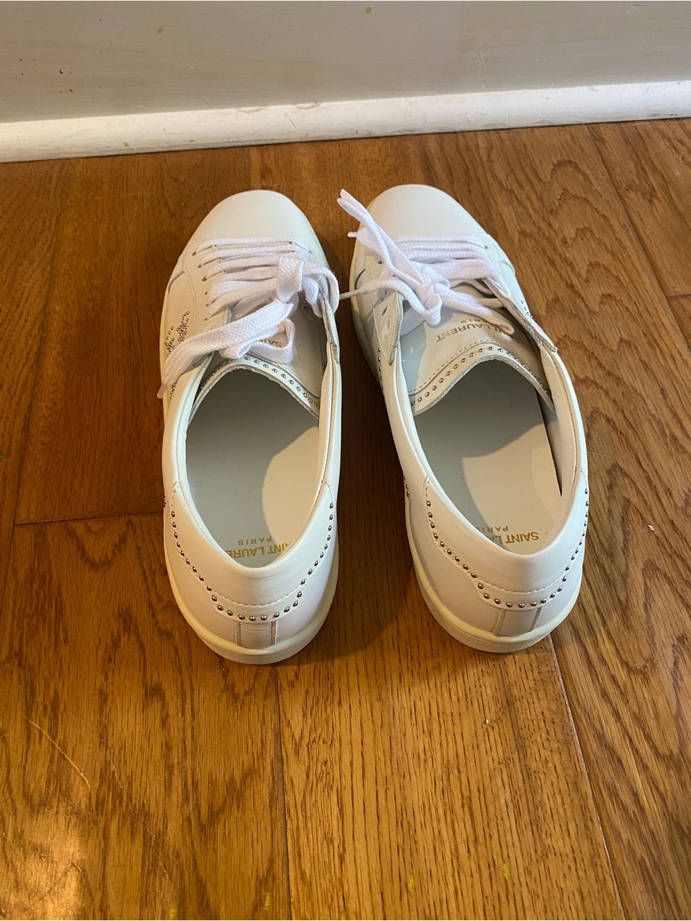 Saint Laurent White Leather Low-Top Sneakers with Stud Logo - Picture 4 of 15